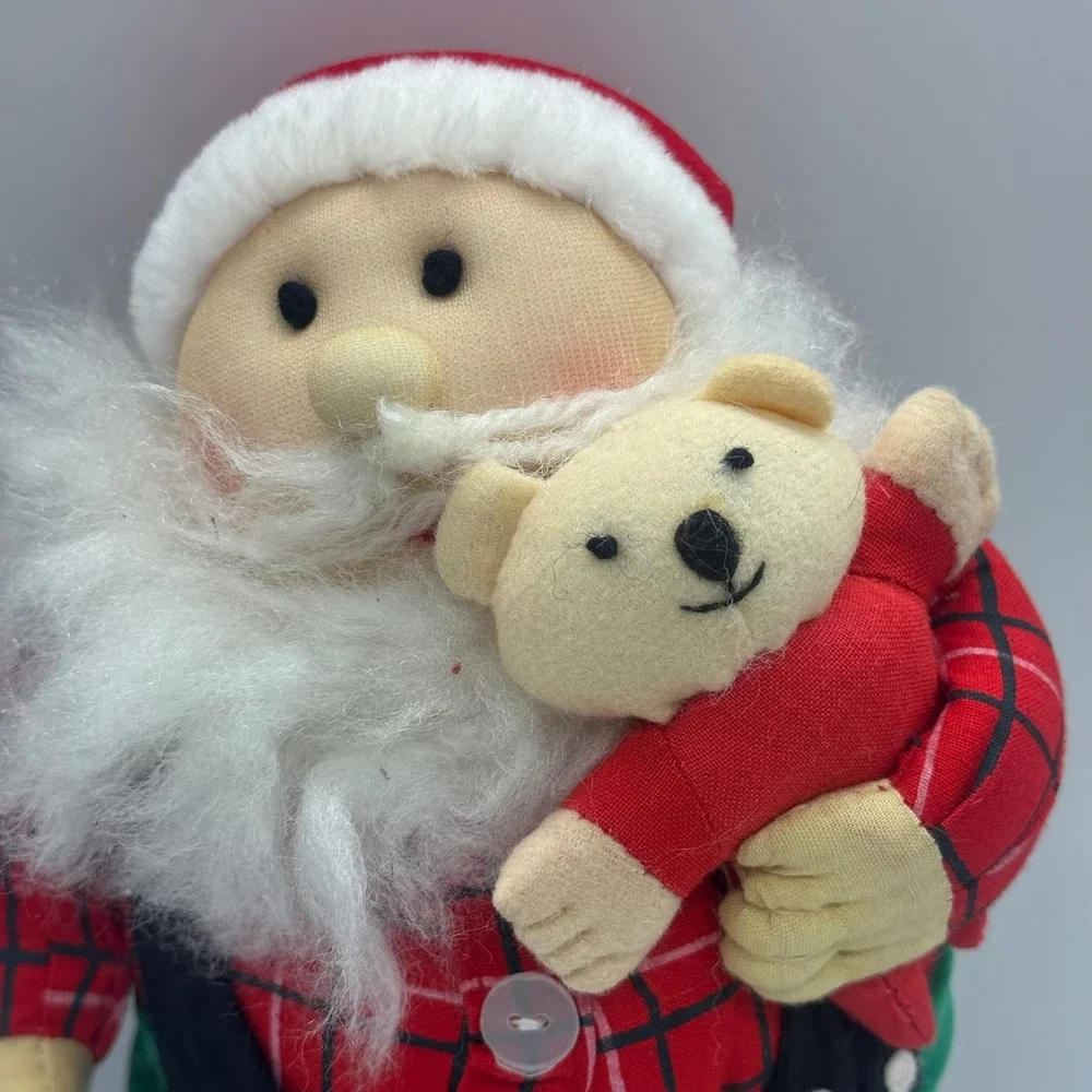 Vintage Santa Claus Plush with Teddy Bear Red Plaid Green Pants 10